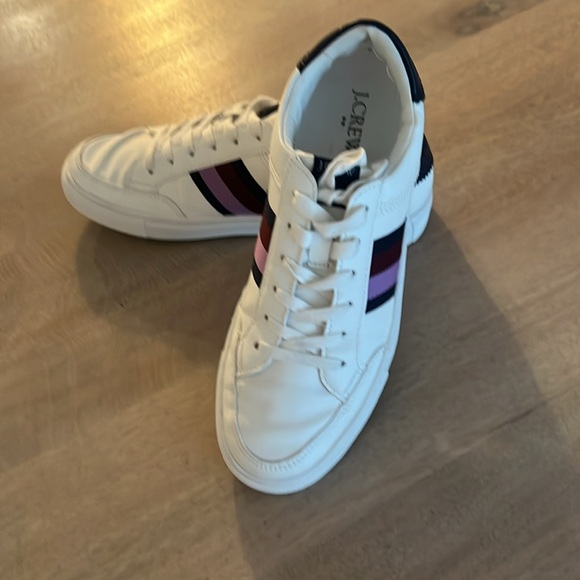 J. Crew women’s White Sneakers with Purple and navy stripes.

Worn several times - Picture 10 of 12